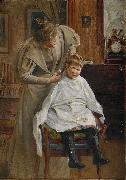 Robert Lundberg Mother cutting the hair France oil painting artist